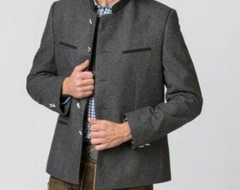 Giacca da uomo tradizionale bavarese Trachten Janker / lana grigia con finiture verdi e colletto rialzato