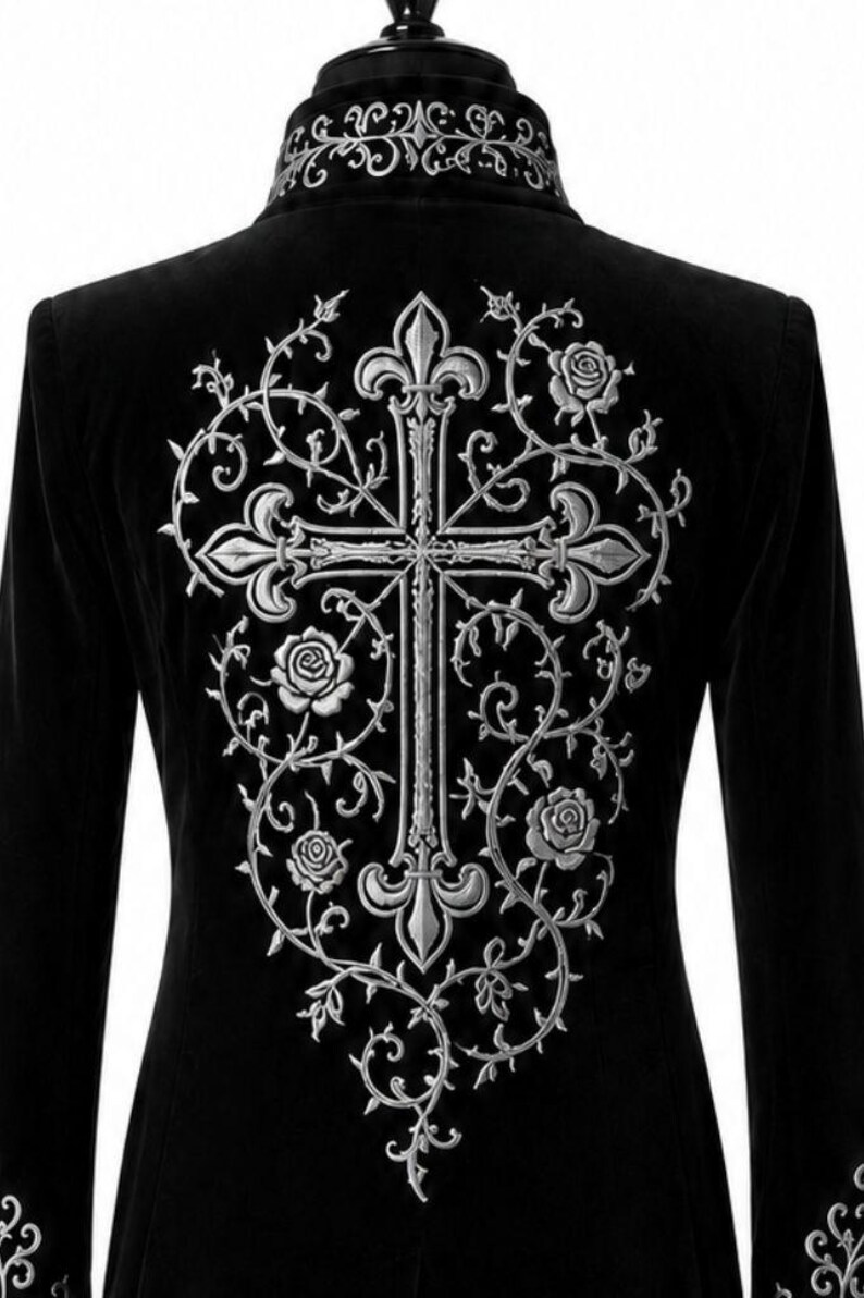 May include: Black velvet jacket with silver embroidery. The back has a large cross design with floral and vine details. The collar and cuffs also have silver embroidered accents. A gothic-inspired garment.