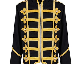 Giacca da batterista militare ussaro nera da uomo con trecce dorate e cappotto da parata