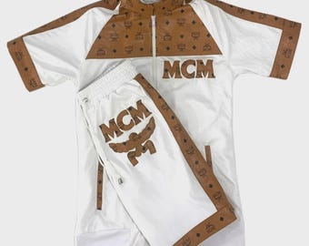Men's Vintage MCM Short Set – White & Brown Tracksuit