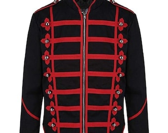 Giacca militare gotica da uomo - Cappotto da ussaro nero, rifiniture rosse