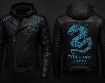 Cyberpunk Leather Jacket Men | Futuristic Dragon Embroidered Black Biker Jacket | Techwear Streetwear Hoodie Jacket