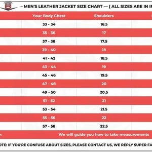 May include: A size chart for men's leather jackets, with measurements in inches. The chart includes sizes from XXS to 8XL, listing chest, shoulder, and sleeve dimensions. Text at the bottom says, "We will guide you how to take measurements."