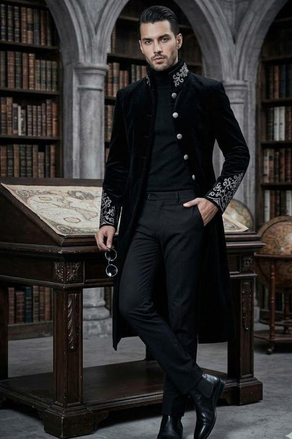 Men's Gothic Velvet Coat | Silver Embroidery Victorian Frock Coat | Steampunk Jacket | Dark Academia | Halloween Wedding Coat