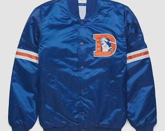 Giacca di raso Denver Broncos, giacca stile college blu, giacca da college NFL, giacca bomber da baseball, regalo per appassionati di sport da uomo e donna.