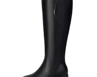 Women's Knee High Boots — Leather Riding Boots Low Block Heel | Tall Black Boots Round Toe | Winter Boots Women Comfort Walking Boots