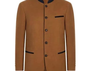 Blazer da uomo color cammello con collo alla coreana / Giacca con colletto alto e finiture blu navy / Cappotto elegante casual