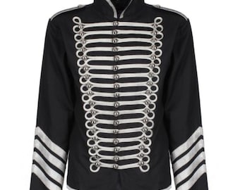 Handmade Hussar Jacket, Black Parade Costume with Silver Braid