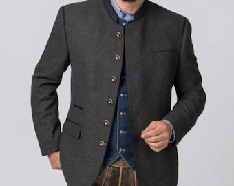 Men's Traditional Bavarian Trachten Janker Jacket | Charcoal Gray Wool Blend | Oktoberfest Alpine Stand Collar Blazer