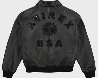 Men's Avirex ICON Black Leather Bomber Jacket, American Flight Style