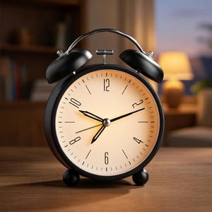 Puede incluir: Un despertador analógico negro con esfera color crema. El reloj presenta un diseño clásico con dos campanas en la parte superior y un asa curva. El reloj está sobre una superficie de madera.