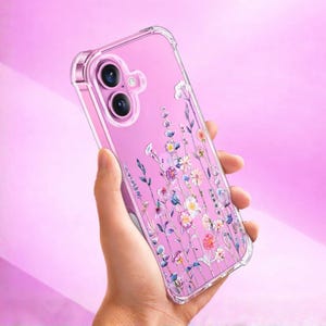 May include: A clear phone case with a floral design. The case is pink and features a pattern of colorful flowers and green leaves. The phone case is held in a hand against a pink background.