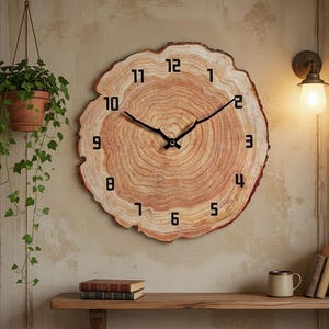 Rustic Wooden Wall Clock, 12 Inch Annual Ring Design, Silent Battery Operated Home Decor