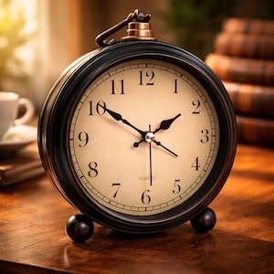May include: A black and bronze vintage-style analog clock with a cream-colored face. The clock has a round shape, a small handle, and two small ball feet. The clock face displays black numerals and hands. The word "QUARTZ" is printed at the bottom.