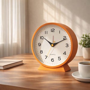 May include: An orange quartz analog clock with a white face, black hands, and a yellow second hand. The clock has a round shape and sits on a matching orange base. The clock is on a wooden surface.