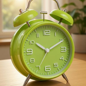 May include: A lime green retro alarm clock with a round face and two bells on top. The clock has a white dial with black numbers and hands. The clock is approximately 6 inches tall and sits on a wooden surface.