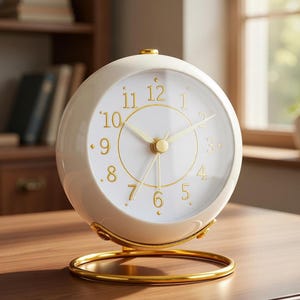 Puede incluir: Reloj analógico esférico color crema con detalles dorados. La esfera es blanca con números y manecillas doradas. Se apoya sobre una base circular dorada. El reloj está sobre una superficie de madera.