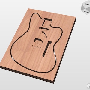 May include: A wooden guitar body blank with routed cavities for components. The wood has a light brown color with darker brown edges. The guitar shape is visible with cutouts for the pickups, bridge, and neck. The image is a 3D rendering.