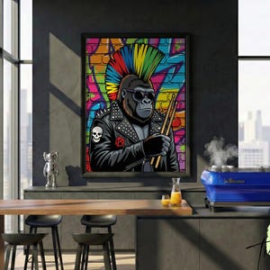 May include: Framed artwork featuring a gorilla with a colorful mohawk, sunglasses, and a studded leather jacket, holding drumsticks. The background is a graffiti-style brick wall. The artwork has a punk rock theme.