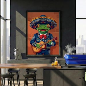 Puede incluir: Ilustración enmarcada de una rana verde con un traje de mariachi tocando la guitarra. La rana lleva un sombrero, una chaqueta azul con detalles dorados y una pajarita roja. El fondo es una pared de ladrillos.