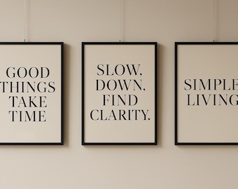 Conjunto de arte mural minimalista | Frases imprimibles | Decoración neutra para el hogar | Descarga digital A4 | Tipografía moderna