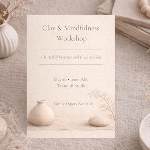 Puede incluir: Anuncio de taller beige con el texto "Clay & Mindfulness Workshop" y "A Ritual of Presence and Creative Flow". La fecha y hora son el 18 de mayo a las 10:00 AM en Tranquil Studio. Elementos decorativos: un pequeño jarrón y una piedra.