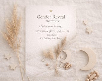 Gender Reveal Invitation · Neutral Celestial Template · Pampas & Moon Baby Invite