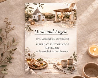 Mediterran Hochzeitseinladung - Rustikale Puglia Vorlage · Olivenhain-Hochzeitseinladung