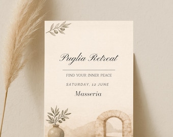 Puglia Retreat Einladung · Mindfulness Event Vorlage · Japandi Wellness Invite