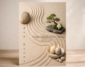 Zen-Veranstaltungseinladung · Zen-Garten und Bonsai-Vorlage · Yoga-Meditations-Retreat einladen