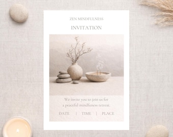 Zen Mindfulness Invitation · Japandi Minimal Template · Stones & Incense Retreat Invite