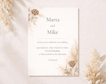 Getrocknete Blumen Hochzeitseinladung - Neutrale botanische Vorlage - Herbst Boho Hochzeit laden ein