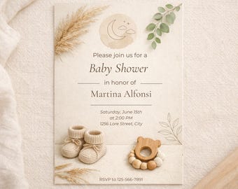 Baby Shower Invitation · Neutral Botanical Template · Pampas & Moon Baby Invite