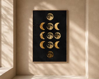 Schwarz-Gold Mond Phasen Poster • Minimalistische himmlische Wand Kunst (Digitaler Download)