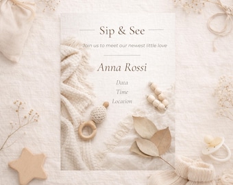 Sip & See Invitation · Neutral Baby Template · Cozy Natural Newborn Invite