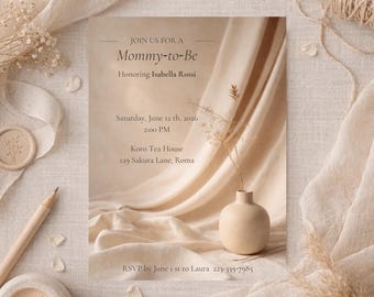 Mommy‑to‑Be Invitation · Neutral Minimal Template · Elegant Dried Floral Baby Invite