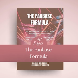 Pode incluir: Capa de livro com o título "The Fanbase Formula" em texto branco. A capa apresenta uma imagem desfocada com raios de luz rosa e laranja. O livro tem 40 páginas e inclui o nome do autor e seu identificador de mídia social.
