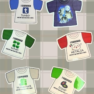May include: A collection of vinyl stickers featuring miniature t-shirt designs. Each sticker has a unique design, including text and graphics related to internet memes and communities. The stickers are labeled "Meme T-Shirts" and are on a plaid background.