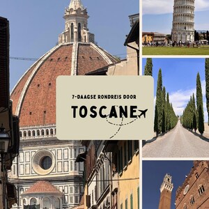 Op de afbeelding: Een collage met afbeeldingen van Toscaanse architectuur en landschappen. Bevat de scheve toren van Pisa, een weg met bomen en gebouwen. Tekstoverlay leest "7-daagse rondreis door Toscane" met een vliegtuigafbeelding, wat duidt op een reisthema.