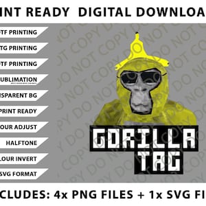Puede incluir: Gráfico de descarga digital con un gorila amarillo con gafas de sol y un sombrero de plátano. El texto "GORILLA TAG" se muestra en un bloque en blanco y negro. Incluye archivos PNG y SVG.