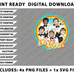 Könnte beinhalten: Digitaler Download mit einer farbenfrohen Grafik der Besetzung der Fernsehserie "Love Boat" mit einem Regenbogenrand. Enthält mehrere PNG-Dateien und eine SVG-Datei, perfekt für verschiedene Druckverfahren.
