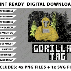 Puede incluir: Gráfico de descarga digital con un gorila amarillo en un entorno forestal, con el texto "Gorilla Tag" en negrita y en bloques. Incluye múltiples archivos PNG y un archivo SVG para varios métodos de impresión.
