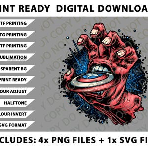 May include: Digital download graphic featuring a red, monstrous hand biting a Captain America shield. The image includes text indicating print-ready digital downloads, with options for DTF, DTG, UVDTF printing, and sublimation. Includes 4 PNG files and 1 SVG file.