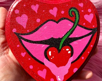 Cherry Lips Glitter Plaque Art Original!