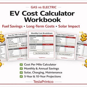 Könnte beinhalten: Ein weißes Arbeitsbuch mit dem Titel "EV Cost Calculator" mit dem Text "Gas vs Electric". Das Arbeitsbuch enthält Abschnitte zu Kraftstoffeinsparungen, langfristigen Kosten und Solareffekten. Es enthält auch einen Kosten-pro-Meile-Rechner, eine monatliche Kostenaufschlüsselung und einen Solareffekt-Rechner.