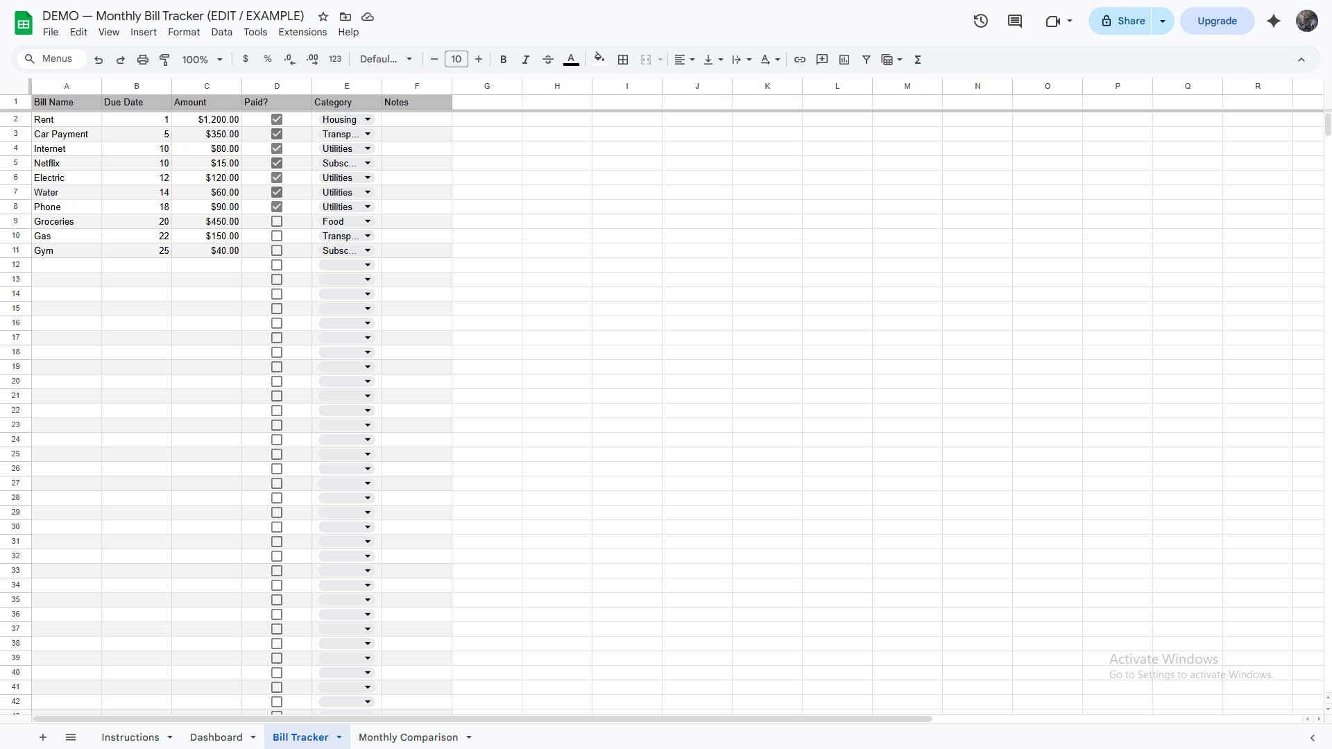 Monthly Bill Tracker Google Sheets Template | Budget Spreadsheet | Bill ...