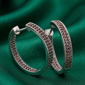 Brinco de argola dupla com rubis, banhado a ouro 14K, estilo minimalista, para casamento.