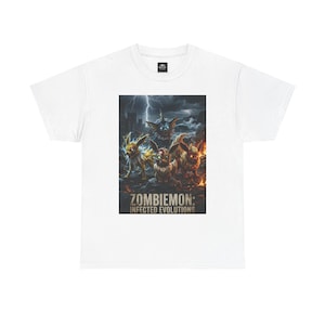 May include: White t-shirt featuring a graphic of four stylized creatures with glowing eyes and a stormy background. The text "ZOMBIEMON: INFECTED EVOLUTIONS" is printed below the image.