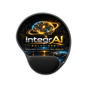 Puede incluir: Alfombrilla de ratón ergonómica con reposamuñecas negro. La alfombrilla presenta un diseño con un gráfico de cerebro brillante, el texto "integralAI SOLUTIONS" y el lema "INTELLIGENT AUTOMATION. REAL RESULTS."