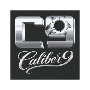 May include: A metallic silver logo on a black background. The logo features the text "C9" with a bullet hole design in the "9". Below, the word "Caliber 9" is written in a cursive font.
